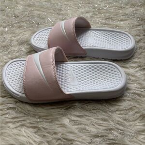 Nike Women's Pink and White Slide Sandals Size 6